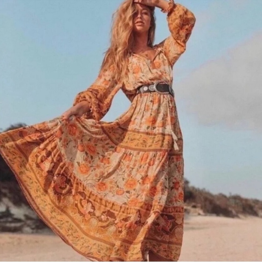 Spell Long Sleeve Maxi Dress in Mustard and Orange Floral